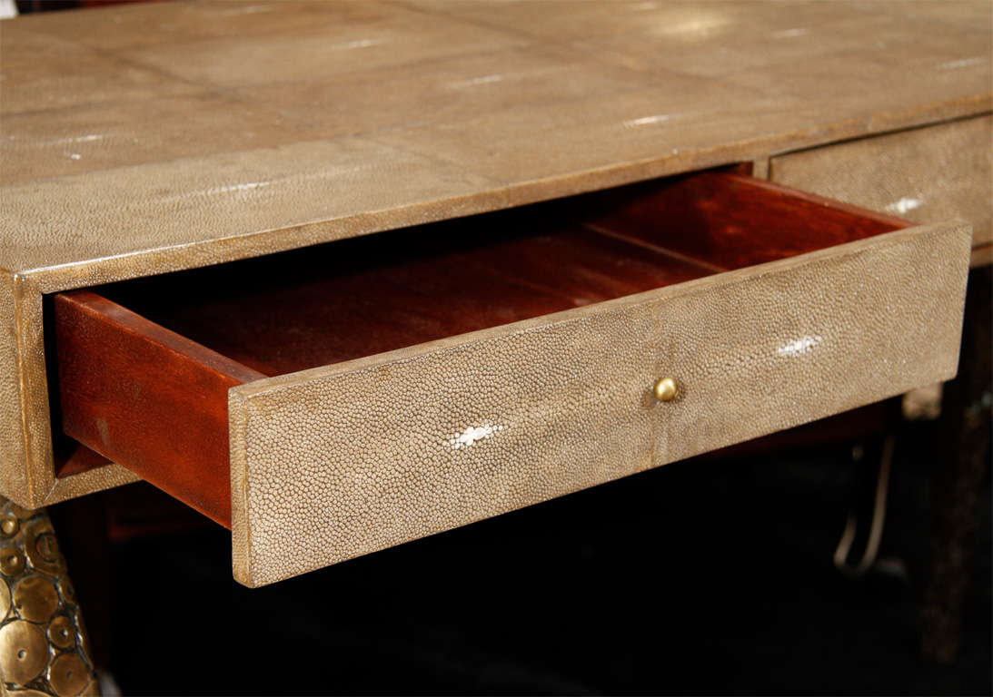 Contemporary Shagreen Desk with Brass Legs, France, Chocolate Color, Three Drawers For Sale